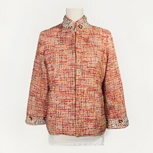 Chico's Size 0 (4/6) Embellished Pearls Tweed Woven Jacket Coral 3/4 Sleeve Coat